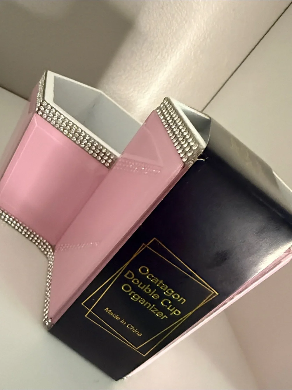 Pink Rhinestone Octagon Double Cup Makeup Brush or Desk Organizer